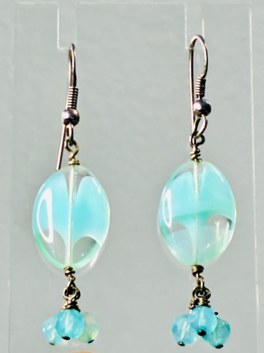 Aqua Glass Dangle Earrings with Bead Cluster - Women Jewelry